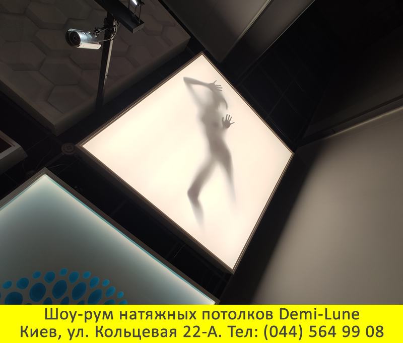 Натяжные потолки в шоуруме в Киеве - фотопечать силуэт женщины